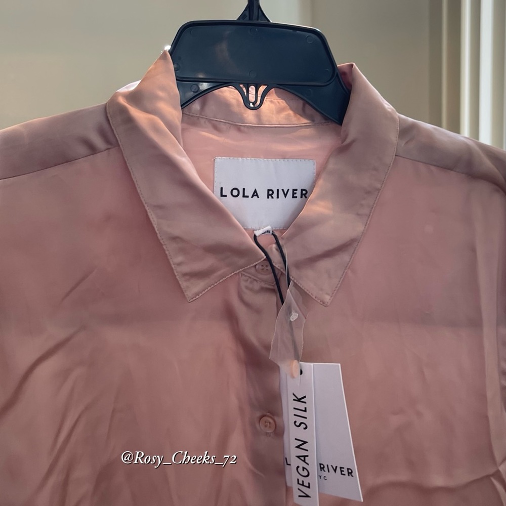 LOLA RIVER Vegan Silk Button Down Long Sleeve Blouse - Picture 2 of 5